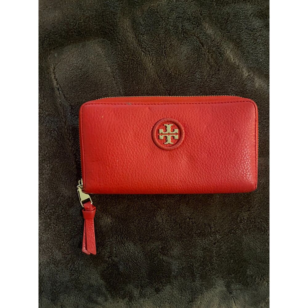 Tory Burch Red Pebbled Leather Zip Continental Wallet